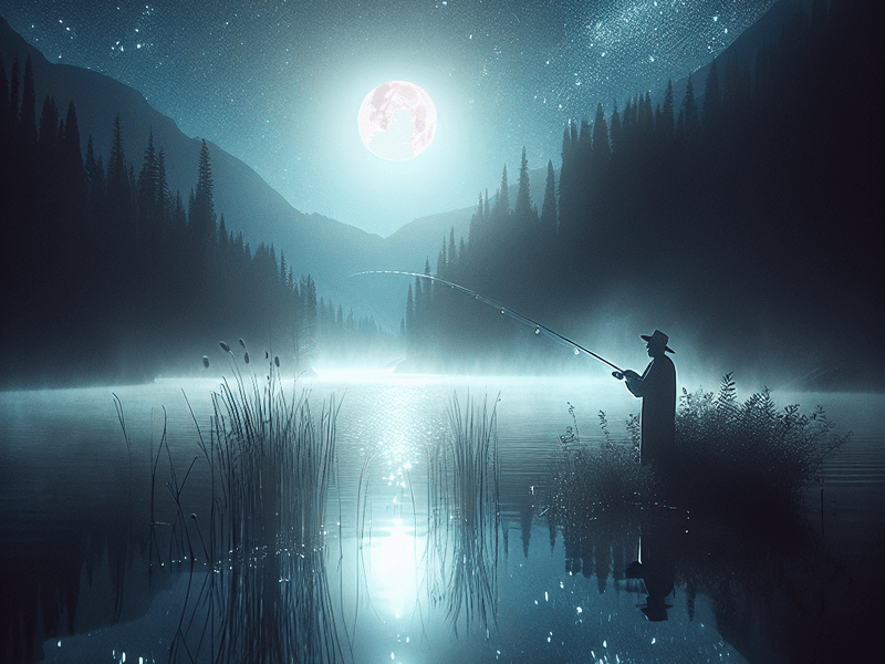 Pescador lançando a linha no lago durante a noite