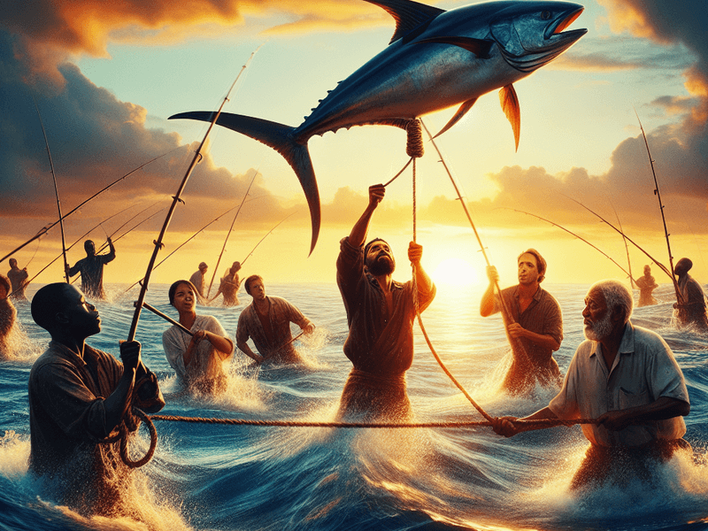 Pescadores soltando um peixe-espada de volta ao mar