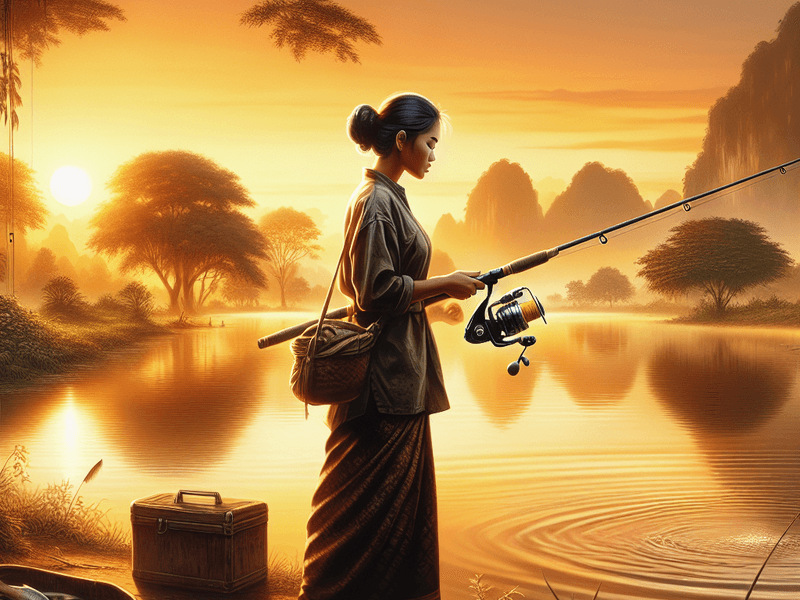 Pescador com equipamentos de pesca ao amanhecer