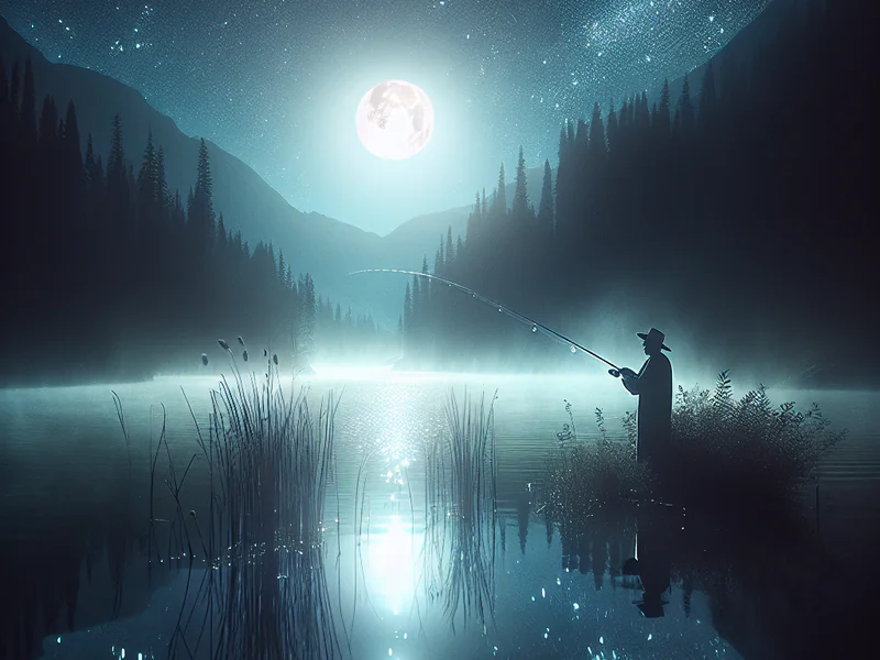 pescador lançando a linha no lago durante a noite