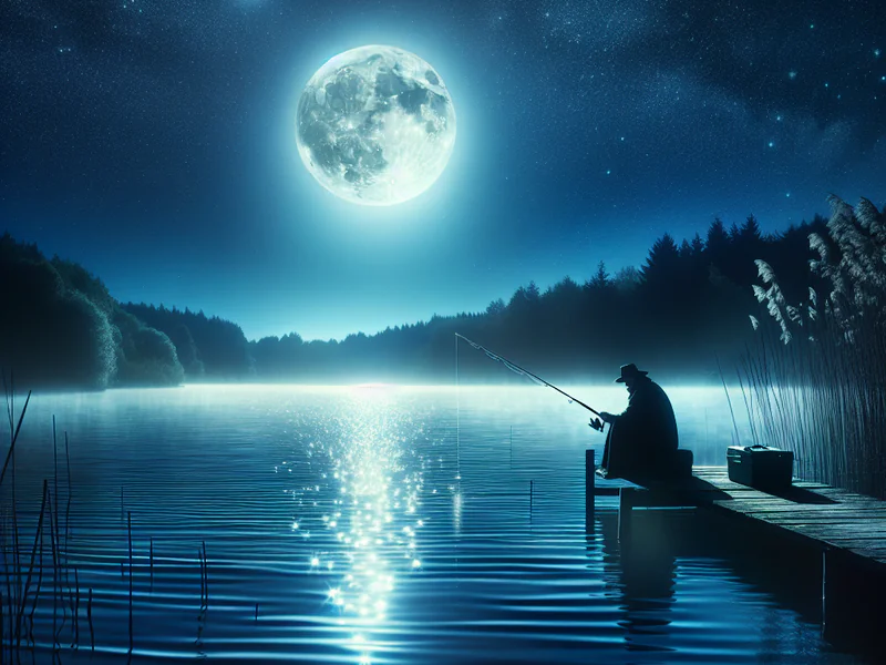 a imagem retrata uma cena serena de pesca noturna. um pescador está sentado em um píer de madeira, inclinado sobre sua vara de pesca, enquanto a luz da lua cheia ilumina a paisagem. o lago está calmo, refletindo o brilho prateado da lua, e a água parece quase mágica, com pequenos pontos de luz brilhando em sua superfície. ao fundo, há uma floresta escura, com árvores que contrastam com o céu estrelado. nas laterais, juncos altos adicionam um toque natural e tranquilo à cena. a atmosfera geral transmite calma e contemplação.